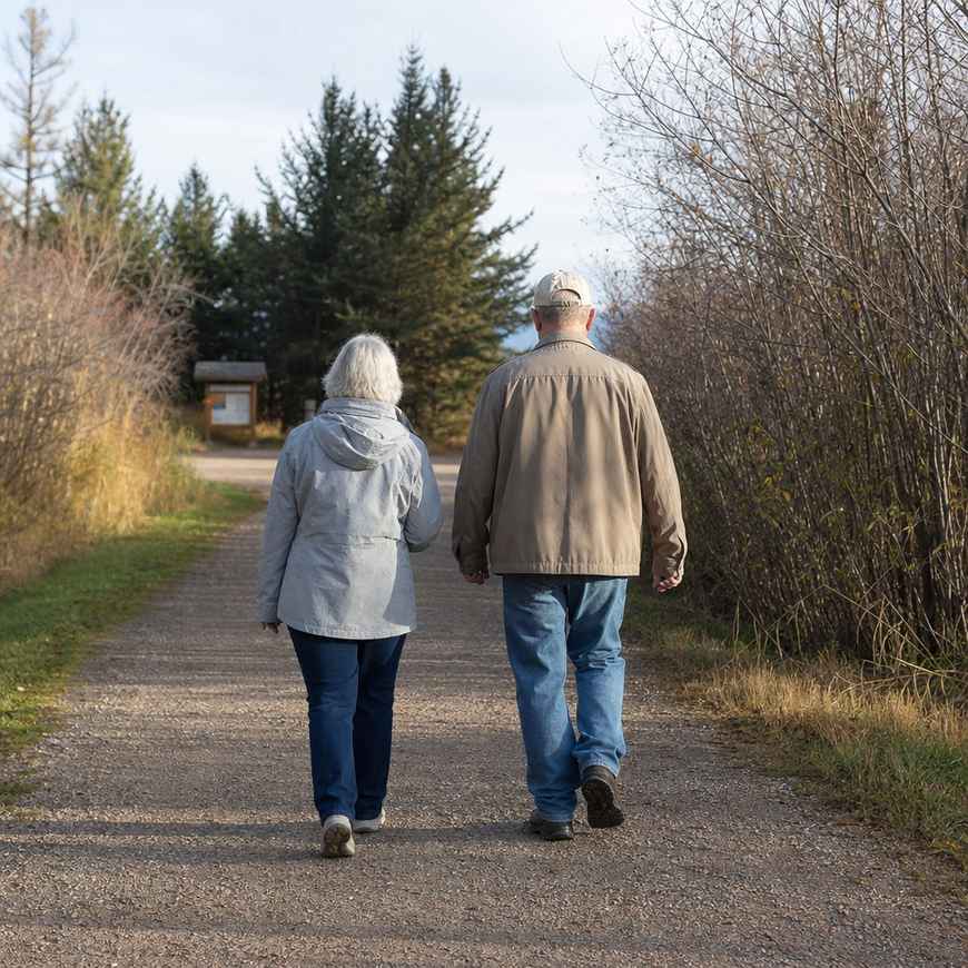 Two hikers walking the flat first stretch of trail at an easy pace